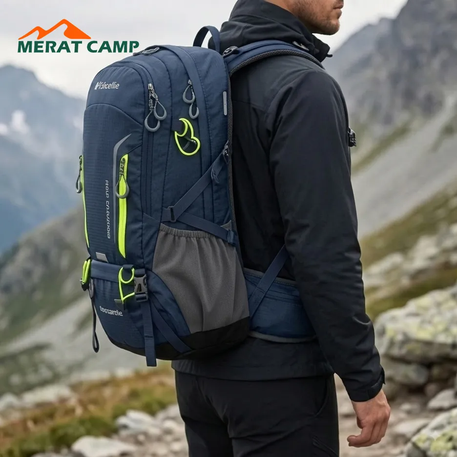 کوله پشتی 50 لیتری کلمبیا مدل الکترون (Columbia Electron 50L) رنگ سورمه ای نما از بغل در طبیعت