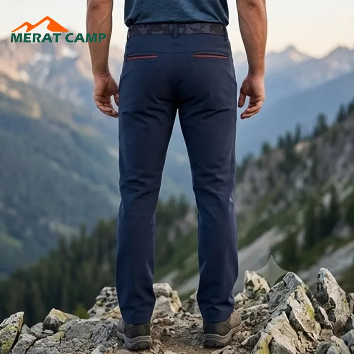 خرید شلوار کوهنوردی کلمبیا مدل Softshell داخل پلار رنگ سورمه ای نما از پشت در طبیعت