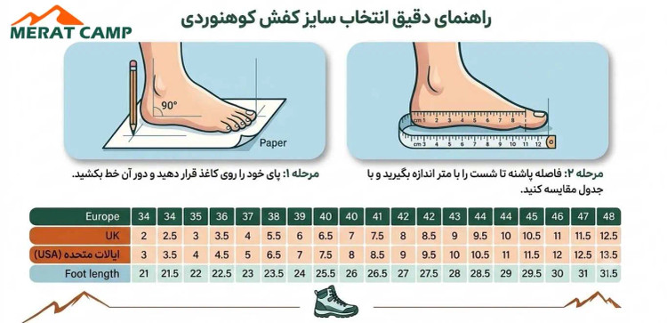 کفش کوهنوردی کوهسار مدل بزمان با زیره ویبرام جدول سایزبندی