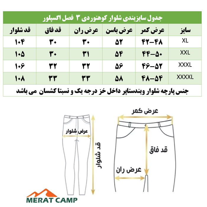 جدول سایزبندی شلوار 3 فصل اگسپلور