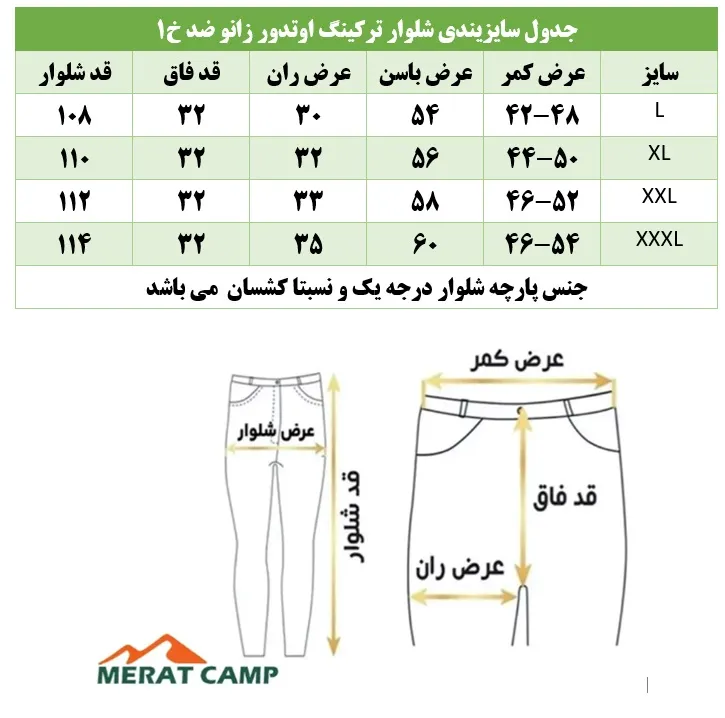 جدول شلوار ترکینگ و کوهنوردی اوتدور ضد خش